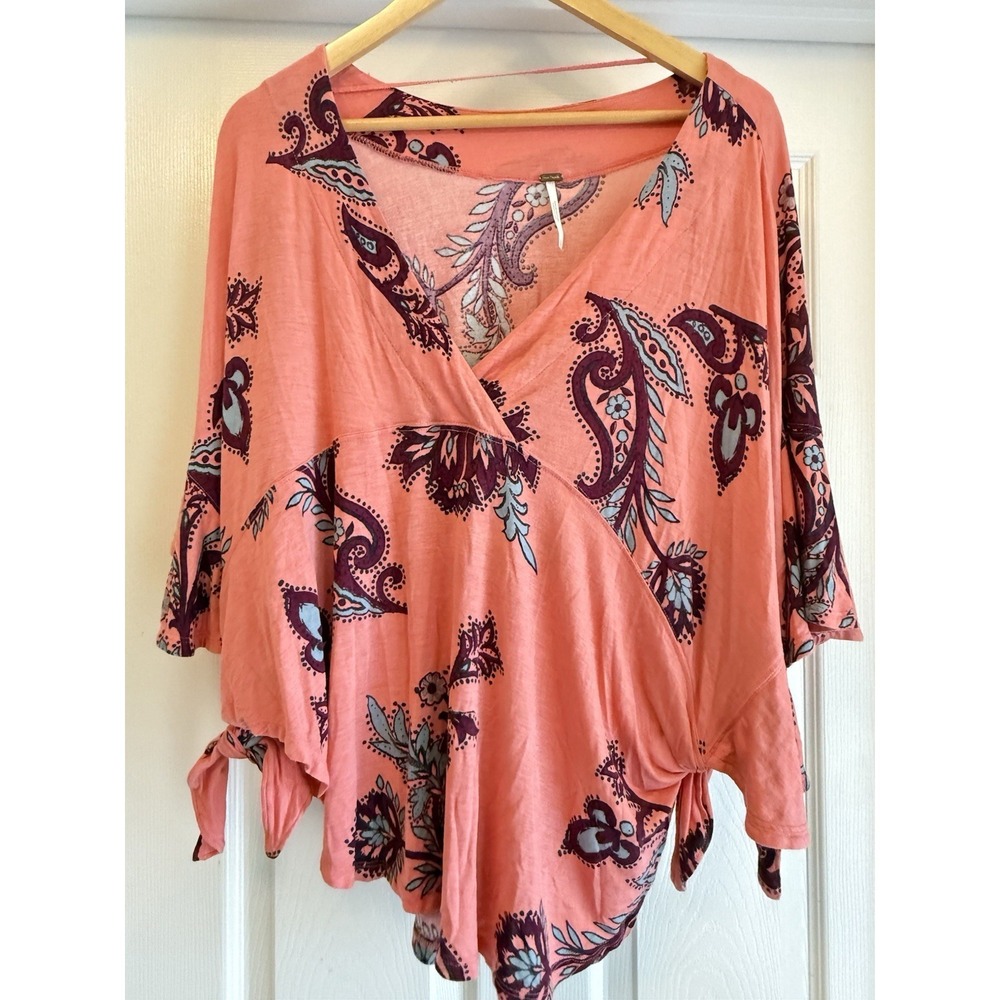 Free People Blouse Womens Small Coral Paisley Surplice V-Neck Side Tie Boho Top